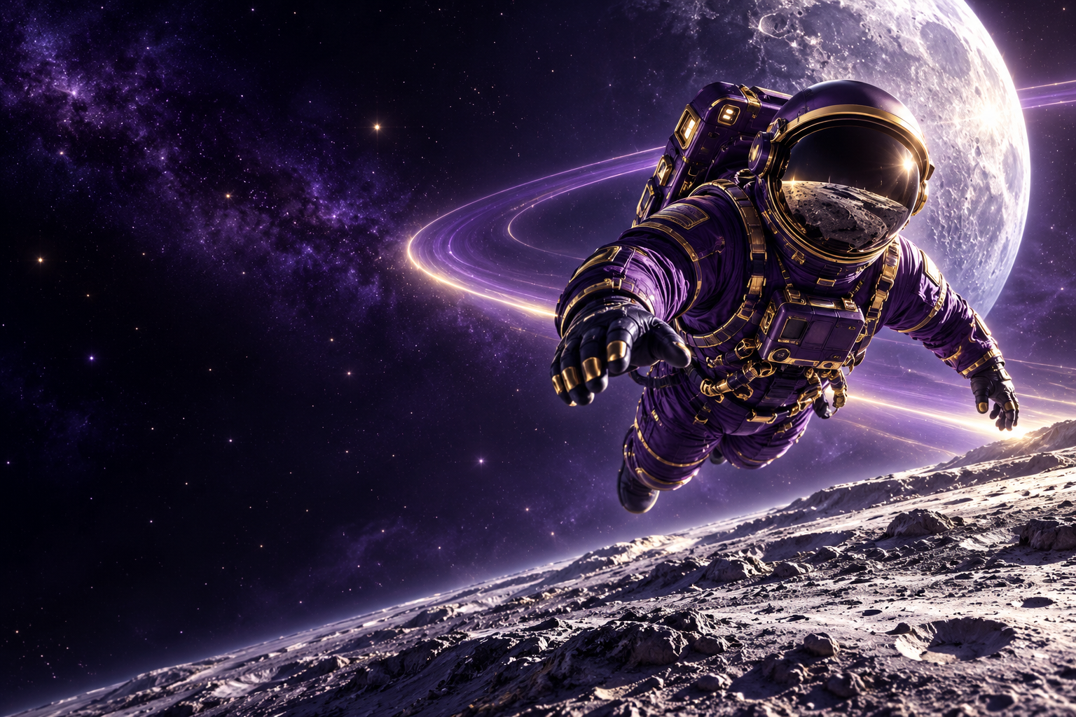 Astronaut berbaju ungu melayang di atas lanskap bulan dengan cahaya orbit lavender